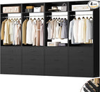 Closet System Set of 4, 8FT Closet Systems with 12 Wood Drawers, 96" Closet Organizer System with 4 Hanging Rods & 4 Shelves, Heavy Duty 96 Inch Walk-in Closet, Black (96"L x 15" W x 80" H)