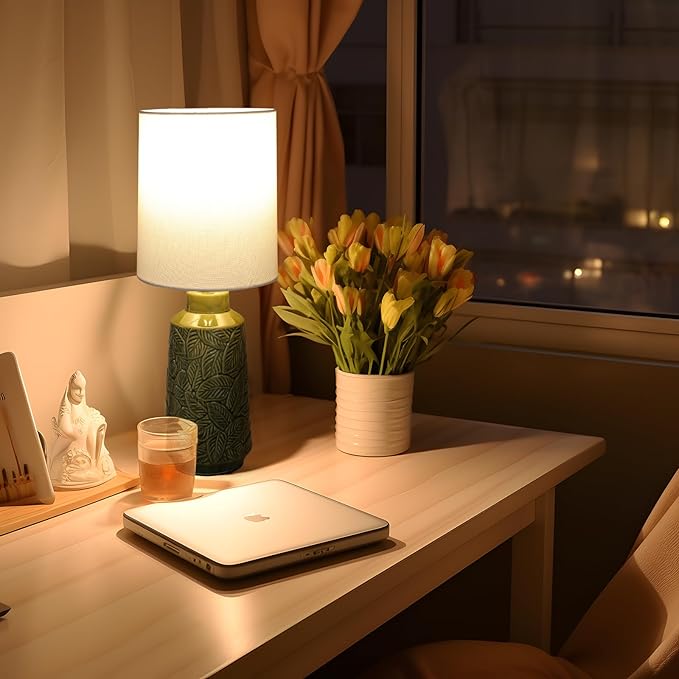 18” Ceramic Table Lamp Green Nightstand Pottery Lamp Single with White Shade Modern Bedside Desk Lamps with Leaf Pattern for Living Room Bedroom Farmhouse Dining Room Enterway