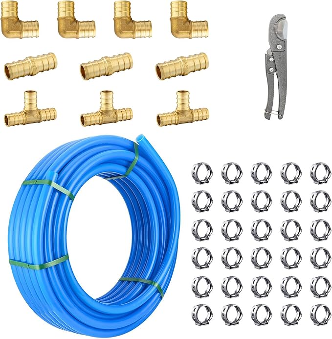 3/4 Inch-100 ft Foskan Blue PEX-B Pipe,Water Tubing with a Pipe Cutter,10 PCS Brass Crimp Fittings & 30 PCS Pex Clamps