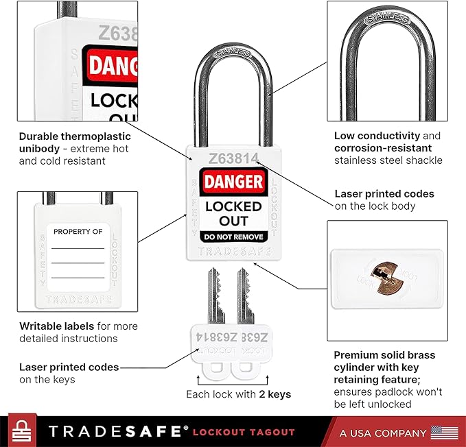 TRADESAFE Lockout Tagout Locks Set - 10 White Loto Locks, Keyed Alike Lockout Locks, 2 Keys Per Lock, OSHA Compliant Lock Out Tag Out Padlocks
