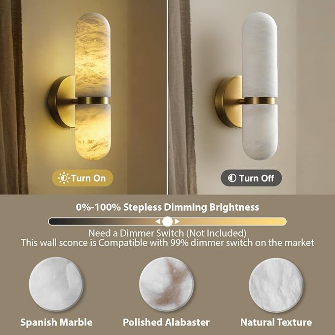 Alabaster Wall Sconces, 13in Brass Alabaster Sconce, Modern Spanish Natural Marble Sconces Lights, Gold Sconces for Bathroom Vanity Bedroom Living Room Staircases Hallway
