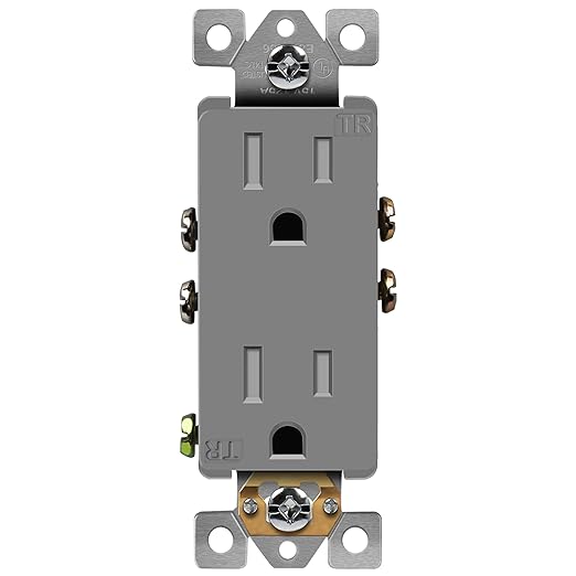 ENERLITES, Gray Decorator Receptacle Outlet, Tamper-Resistant, Residential Grade, 3-Wire, Self-Grounding, 2-Pole, 15A 125V, UL Listed, 61501-TR-GY