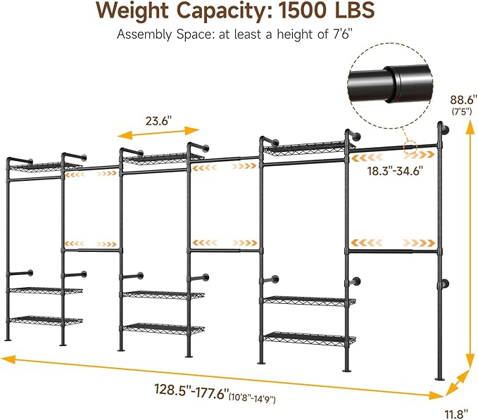 H6 Wall Mounted Closet System, Industrial Pipe Clothes Rack Clothing Racks with 6 Telescopic Rods & 3 Fixing Rods & 9 Shelves, Heavy Duty Closet Organizers and Storage in Wardrobe Closet (Black)