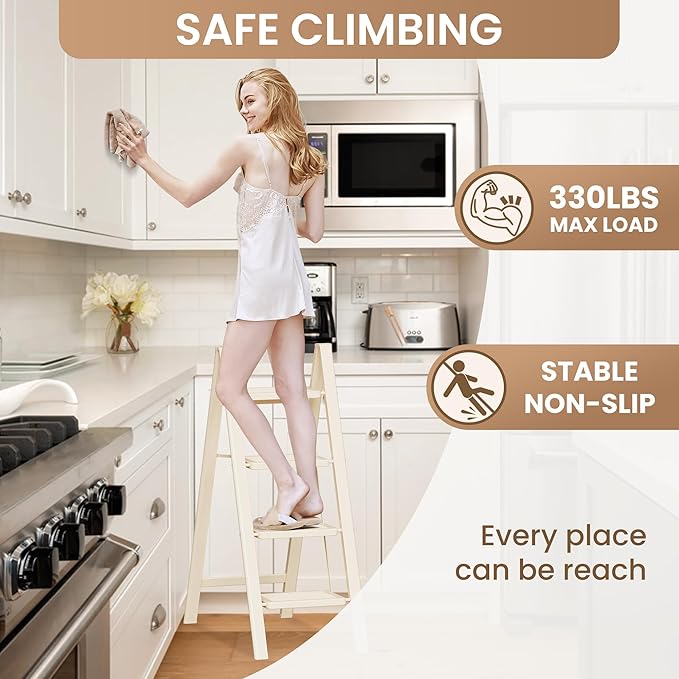 GameGem 4 Step Ladder Folding Step Stool with Wide Anti-Slip Pedal, 330LBS Capacity, Lightweight Portable Stepladder for Home and Kitchen Use, Cream White