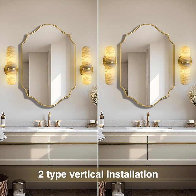 Alabaster Wall Sconces Set of Two, 13in Brass Alabaster Sconce, Modern Spanish Natural Marble Sconces Lights, Gold Sconces for Bathroom Vanity Bedroom Living Room Staircases Hallway