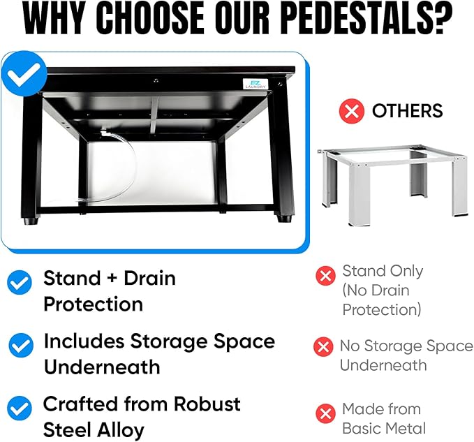Washer and Dryer Pedestals - 24" W, 16" H, Black Steel Universal Fit with Major Brands, Leak-Proof Laundry Pedestal with Drain Pan & Hose, Washer and Dryer Stand for Back Pain Relief, 800 lbs Capacity