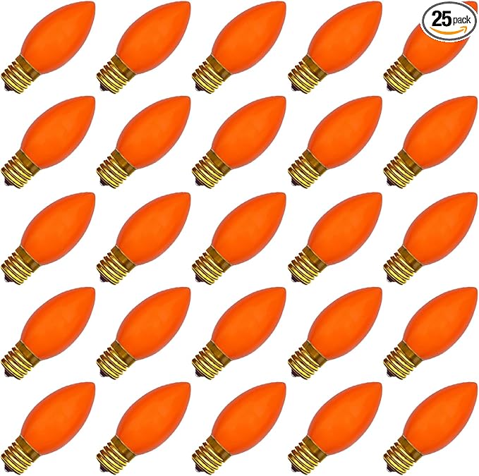 C9 Halloween Orange Replacement Bulbs 25 Pack, C9 Ceramic Orange Incandescent Bulb Christmas Light Bulbs for Halloween String Lights Outdoor Patio Christmas Lighting, E17 Intermediate Base, 7 Watts