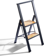 Step Ladder 2 Step Folding, Decorative - Beautiful Bamboo & Black Aluminum, Ultra Slim Profile, Anti Slip Steps, Sturdy-Portable for Home, Office, Kitchen, Photography Use,by SORFEY