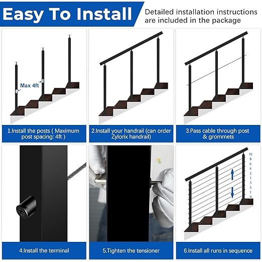 36" Expandable 2-8FT Black T304 Cable Railing Post Kit, Complete Cable Railing System with 2 Stair Posts, 98ft 1/8" Wire Rope(No Handrail), Adjustable Length Easy DIY for 25-35°Stairway