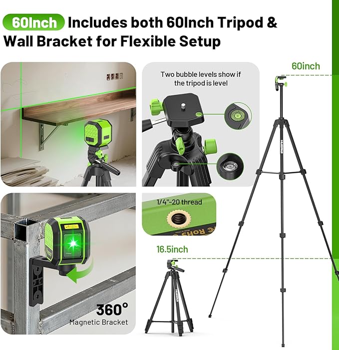 Laser Level with 60 Inch Tripod, Huepar 100Ft Self Leveling Laser Level Rechargeable Green Cross Line Lazer Leveler Tool for Picture Hanging, Tile, Home Renovation, 360° Magnetic Bracket &Target Plate