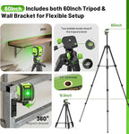 Laser Level with 60 Inch Tripod, Huepar 100Ft Self Leveling Laser Level Rechargeable Green Cross Line Lazer Leveler Tool for Picture Hanging, Tile, Home Renovation, 360° Magnetic Bracket &Target Plate
