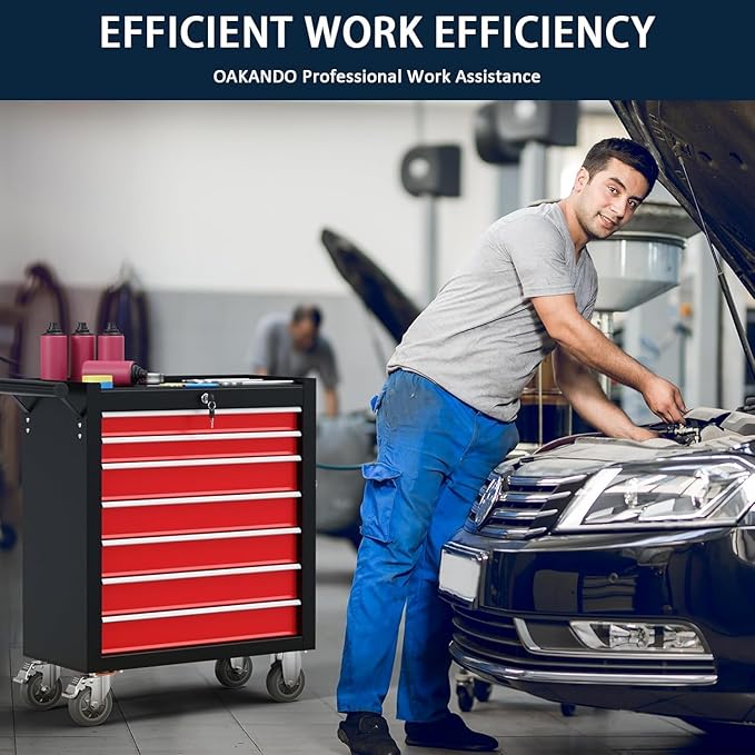 7-Drawer Metal Rolling Tool Chest with Wheels,Tool Storage Cabinet with Locking System，Toolbox with Wheels for Garage, Warehouse, Workshop, Repair Shop (Black&red, 7-Drawer)