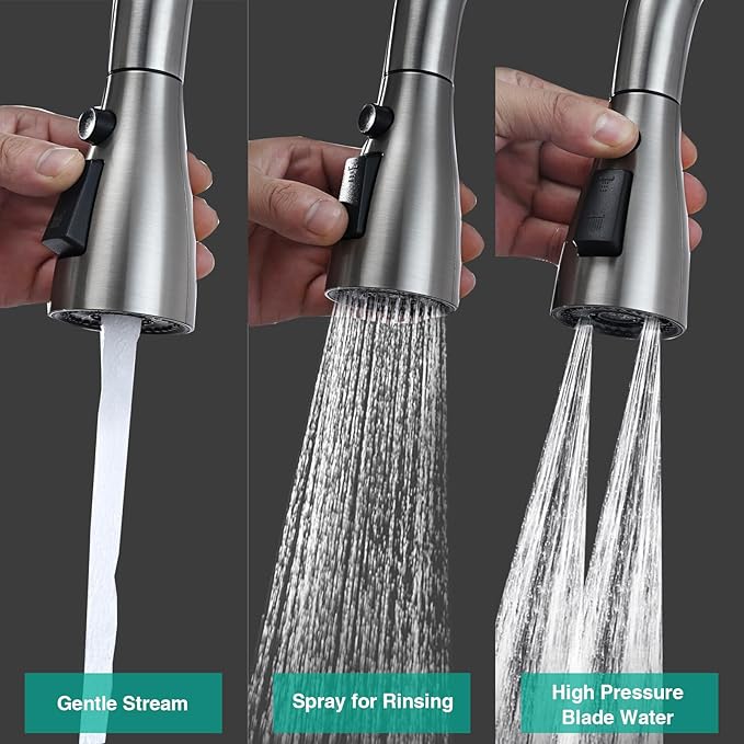 Metal Kitchen Faucet Head Replacement, 3-Function Pull Down Spray Head for Kitchen Faucet, High Pressure Sink Spray Nozzle with 9 Adapters Compatible with American Standard, Brushed Nickel