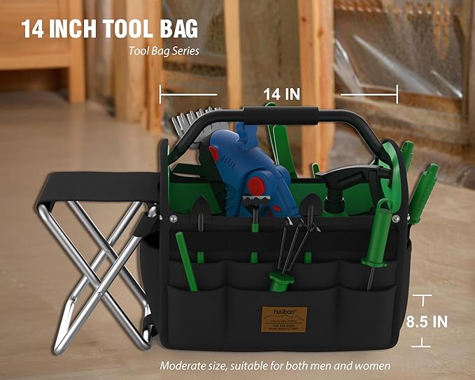 14 Inch Tool Bag, Gardening Tool Bag, Waterproof Fabric,Foldable Metal Handle, Shoulder Strap, Tote Tool Storage Bag, Metal Folding Stool, Relieve Fatigue Gardening Work