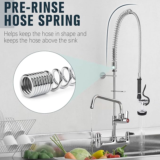 Commercial Faucet with Sprayer, 25 Inch Height Commercial Sink Faucet Wall Mount with 8" Adjustable Center and 12" Add-on Swing Spout & Pull Down Pre Rinse Sprayer