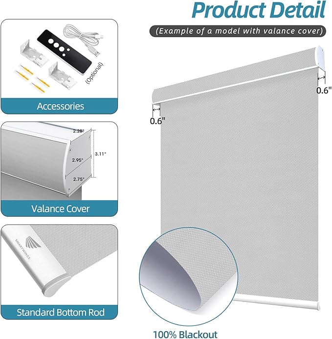 SmartWings Motorized Smart Blinds with Remote, Automatic Blackout Roller Shade Work with Alexa Homekit Thread Google Z-Wave, Electric Blind for Window, Custom Width Up to 110" W,Vinyl Light Grey