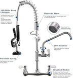 [New Upgrade] Brushed Nickel Commercial Kitchen Faucet with Pre-Rinse Sprayer 8 Inch Center Wall Mount Kitchen Sink Faucet with 9.6" Add-on Swing Spout 25" Height Faucet with Pull Down Spray
