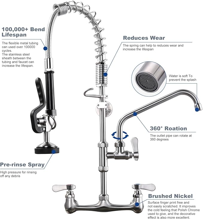 [New Upgrade] Brushed Nickel Commercial Kitchen Faucet with Pre-Rinse Sprayer 8 Inch Center Wall Mount Kitchen Sink Faucet with 9.6" Add-on Swing Spout 25" Height Faucet with Pull Down Spray