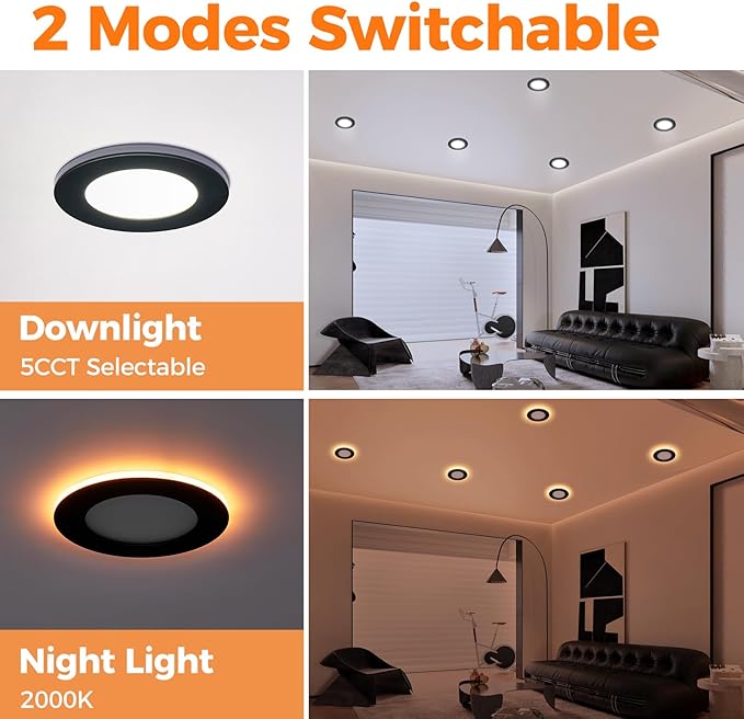 48 Pack Black 6 Inch Led Recessed Lights with Night Light, Canless Ultra Thin Wafer Soffit Recessed Lighting Downlight, Dimmable & 5 Color Temperature Selectable, 12W, ETL