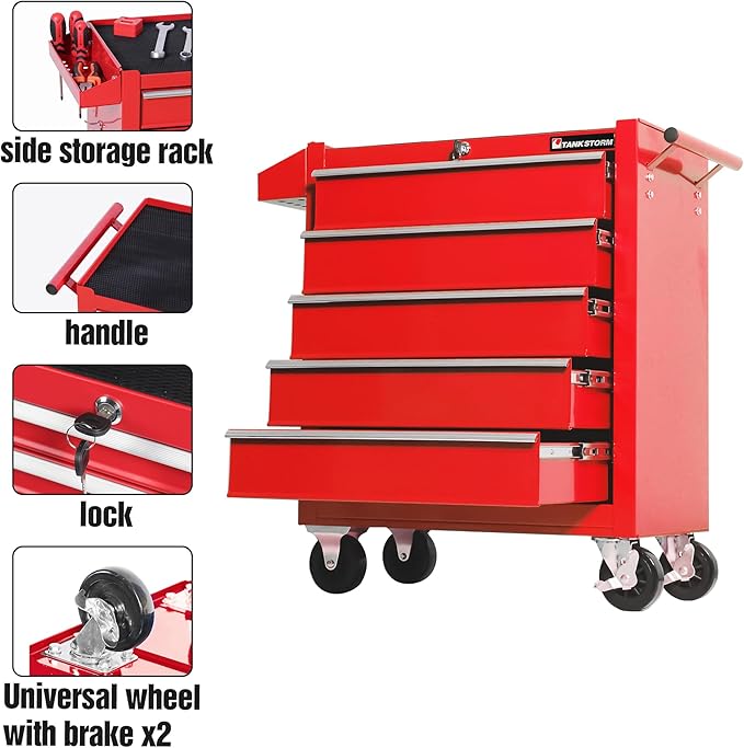 Tool Chest Heavy Duty Cart Steel Rolling Tool Box 5 Drawer Cart (TZ35 Red)