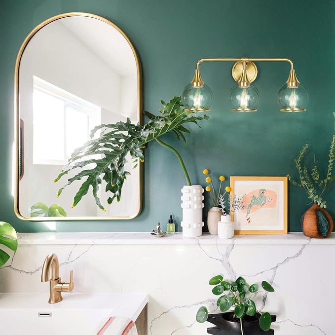 Gold Bathroom Vanity Light 3-Lights Bathroom Light Fixtures Over Mirror with Clear Glass Shade 22.4 inch Wall Sconce Lighting Bath(Exclude E26 Bulb)