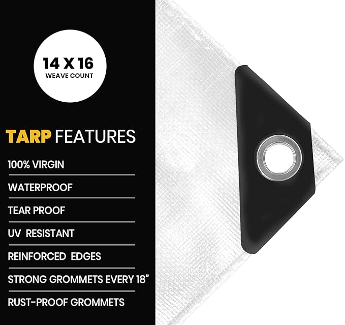 PROTARP Extra Heavy Duty 16 Mil Tarp Cover, Waterproof, UV Resistant, Rip and Tear Proof, Poly Tarpaulin with Reinforced Edges for Roof, Camping, Patio, Pool, Boat. (White 12′ X 25′)