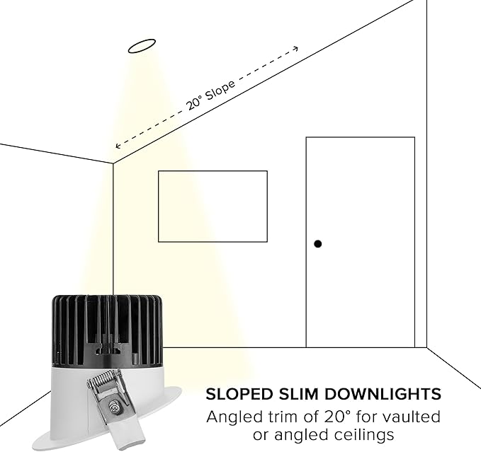 Maxxima 4" Canless Sloped Recessed Anti-Glare LED Downlight, For Sloped Ceilings, 1000 Lumens, IC Rated, 5 Color Temperature Selectable 2700K/3000K/3500K/4000K/5000K, Dimmable, Round White Trim 90 CRI