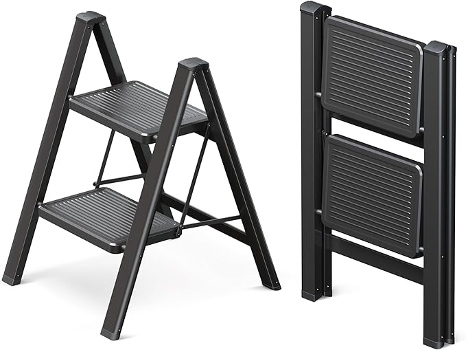 GameGem 2 Step Ladder Folding Step Stool with Wide Anti-Slip Pedal, 330LBS Capacity, Lightweight Portable Stepladder for Home and Kitchen Use, Black