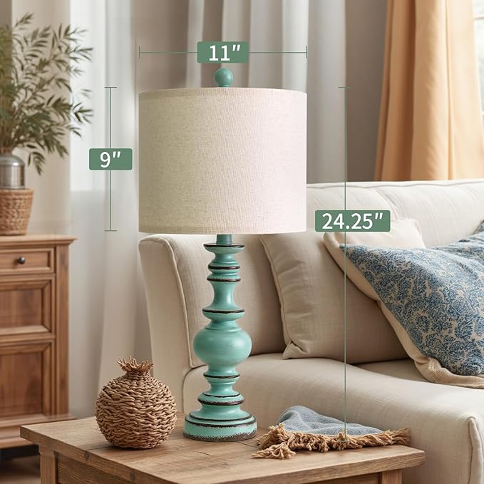 BOBOMOMO 24" Farmhouse Table Lamps Set of 2 – Distressed Teal Lamps with Linen Shades, Cottage Style Bedside Lamps for Bedroom, Living Room, or Entryway, Medium Height Lamps with Coastal Vintage Charm