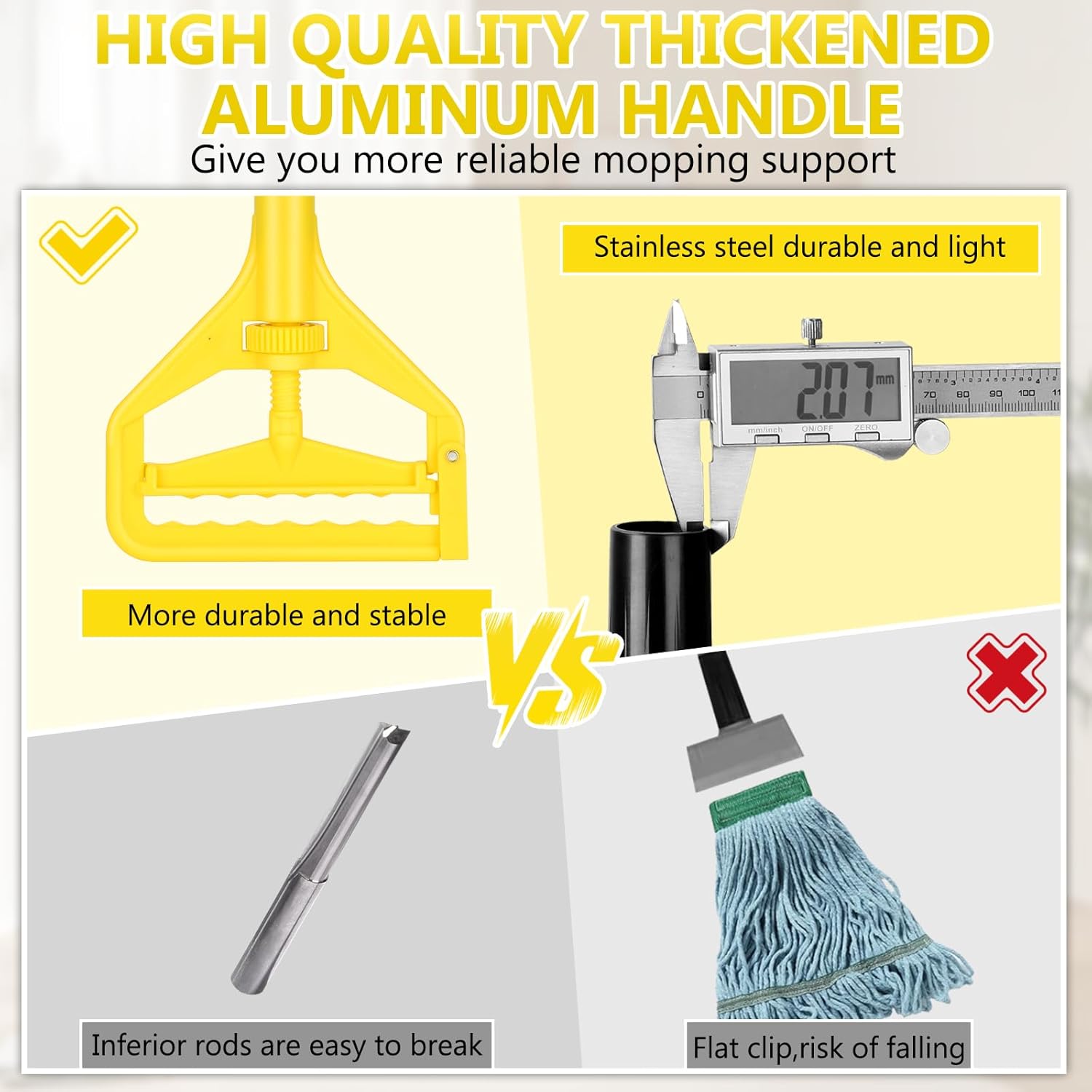 Beyoco Heavy Duty Commercial Mop Industrial Cotton Mop with Long Handle,Looped-End String Wet Mops for Home,Garage,Office, Workshop, Warehouse Floor Cleaning, 2 Pack,Yellow