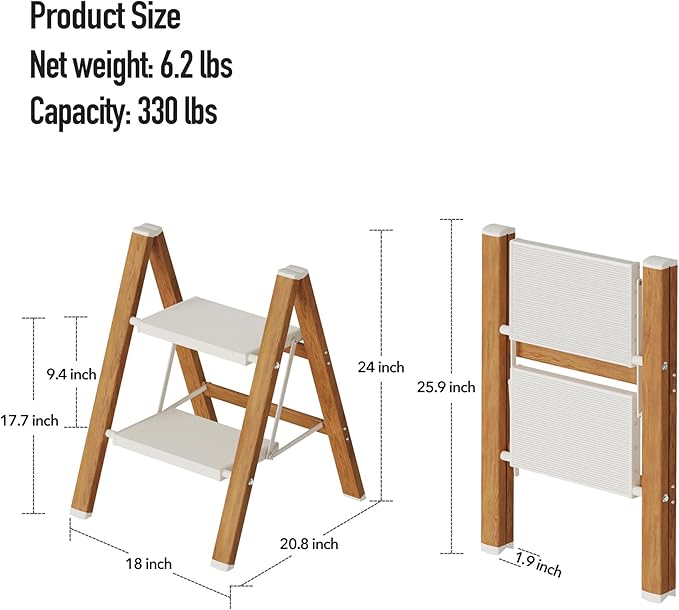 2 Step Lightweight Aluminum Folding Ladder, Portable Step Stool with Anti-Slip Pedals, 330 lbs Capacity for Home, Office, Kitchen（White&Woodgrain）