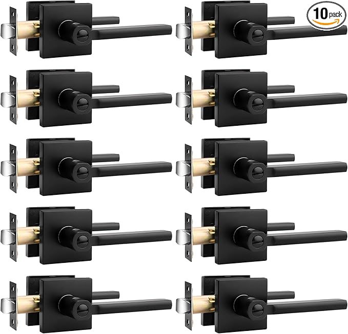 Probrico Privacy Black Door Handle Interior Lockset Heavy Duty Square Door Lever for Bedroom or Bathroom Reversible Keyless Slim Handleset Door Knob 10Pack
