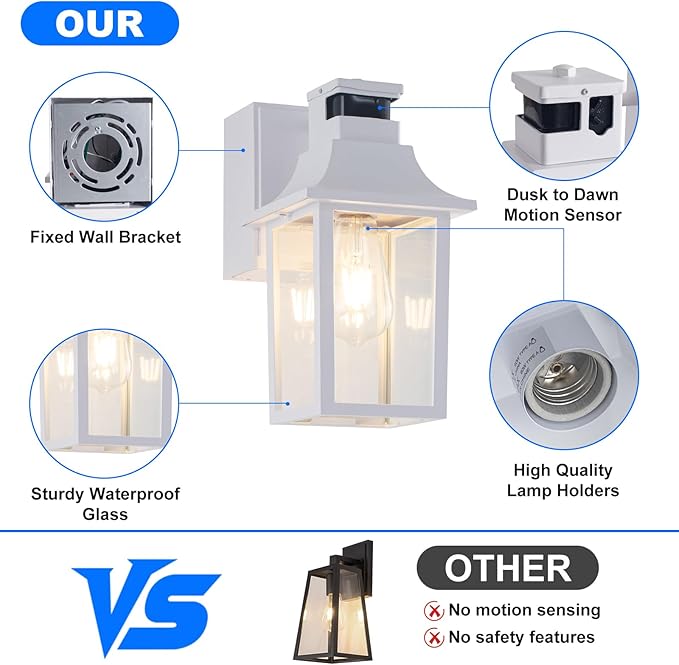 2 Pack White Porch Lights with GFCI Outlet, Dusk to Dawn Motion Sensor Outdoor Lighting, Waterproof Exterior Wall Sconces for House Front Door and Garage