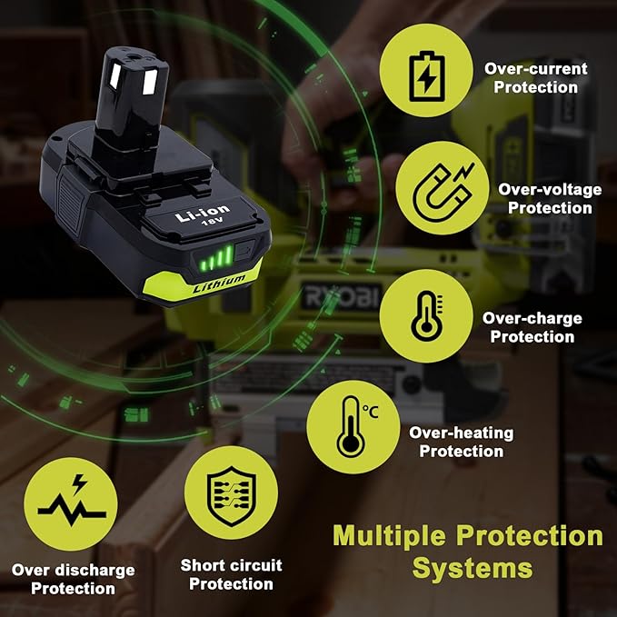 2 Packs 3.0Ah High Capacity Replacement for Ryobi 18v Battery P108 P104 P105 P102 P103 P122 P109 Li-ION Compatible with Ryobi 18V ONE+ System Cordless Power Tools and Charger