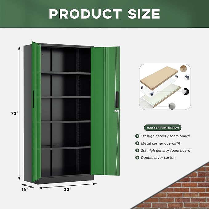 Greenvelly Metal Garage Storage Cabinet, 72" Black Green Tool Steel Locking Cabinet with Doors and 4 Shelves, Tall Cabinets for Garage Storage Systems Lockable File Cabinet for Home Office,Garage