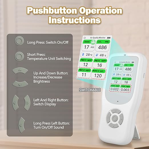 11-in-1 Air Quality Monitor - Portable Indoor Air Quality Detector with Stand, Real-Time Test for AQI, CO2, PM2.5, PM1.0, PM10, TVOC, HCHO, Particles, Temperature & Humidity with Aler (White-White)