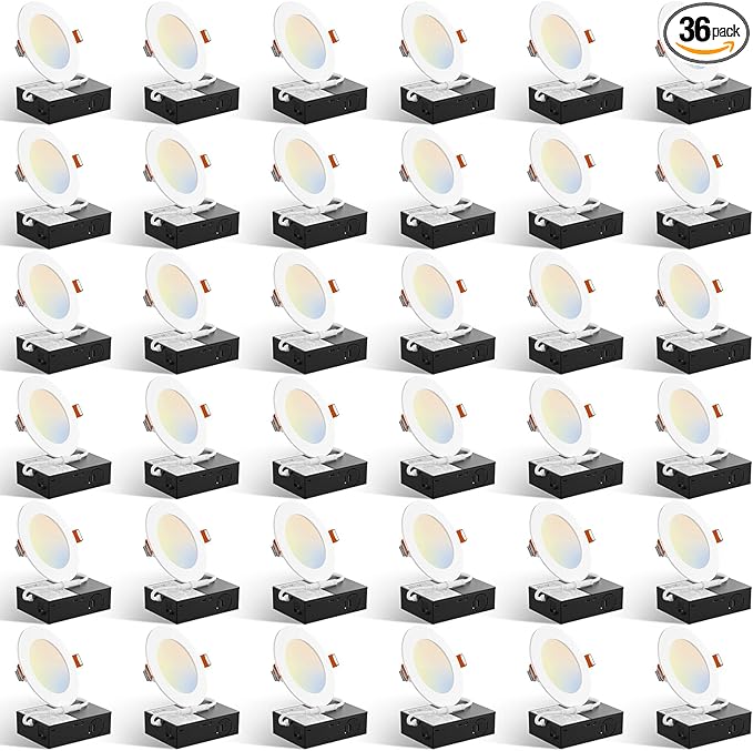 Amico 36 Pack 4 Inch 5CCT Ultra-Thin LED Recessed Ceiling Light with Plastic Junction Box, 2700K/3000K/3500K/4000K/5000K Selectable,800LM, Dimmable Canless Wafer Downlight, 10W, ETL&FCC