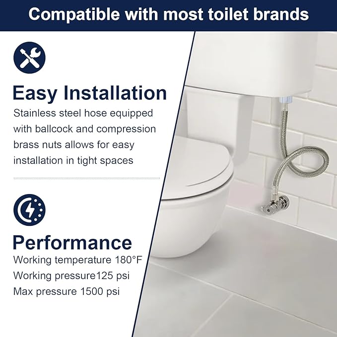 12 Inch Flexible Toilet Connector, 7/8" Ballcock x 3/8" Compression Stainless Steel Braided Toilet Hose Supply Line for Toilet Hose Replacement