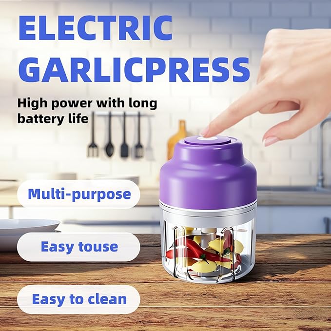 Electric Garlic Chopper, 2025 New Mini Portable Veggie Chopper, Garlic Grinder Masher Rechargeable, Wireless Food Processor for Ginger, Chili, Fruit, Meat (Purple, 320ML)
