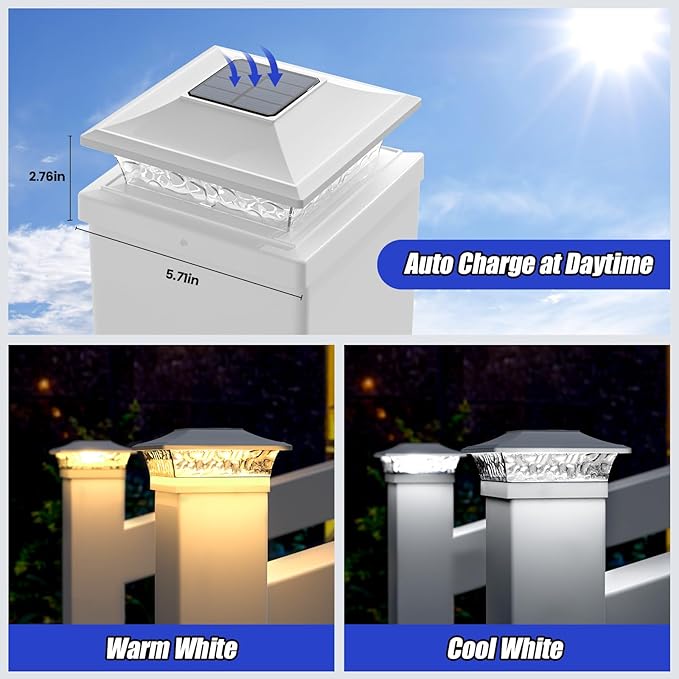 APONUO Deck Post Lights Solar Powered 6 Pack, Waterproof Outdoor LED Deck Lights for 4x4, 5x5, 6x6 Fence Posts, Warm/Cool White Light, All-Night Lighting, Auto On/Off, Patio Garden Yard Decor