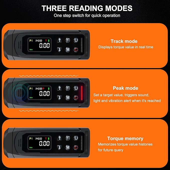 Digital Torque Wrench 1/2 Drive, 3.8-250.8 Ft.lb Range, 1/2 Digital Torque Wrench ±1% Accuracy with Vibration, Buzzer and LED Alert, Suitable for Car, Motorcycle and Bicycle