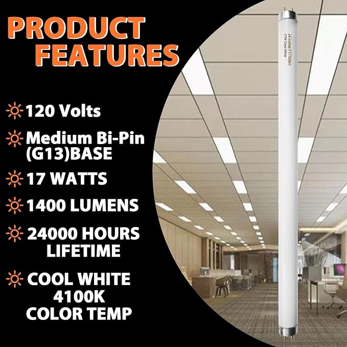 8 Pack 24 inch F17T8/841 17 Watts Light Bulb, 2 Foot Straight Fluorescent Tube T8 Tube Light, 4100K Cool White 1400 Lumen G13 Medium Bi-Pin Cap 8 Count