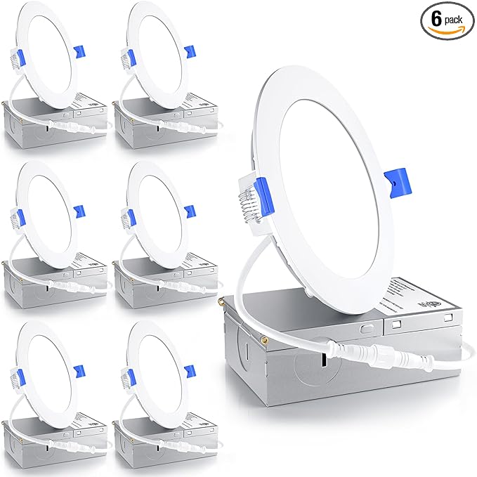 Ensenior 6 Pack 4 Inch LED Recessed Light, Dimmable, 3000K Warm White, 750LM High Brightness, 9W 120V, Damp Rated, Ultra-Thin Canless Wafer Ceiling Light - ETL & FCC & IC