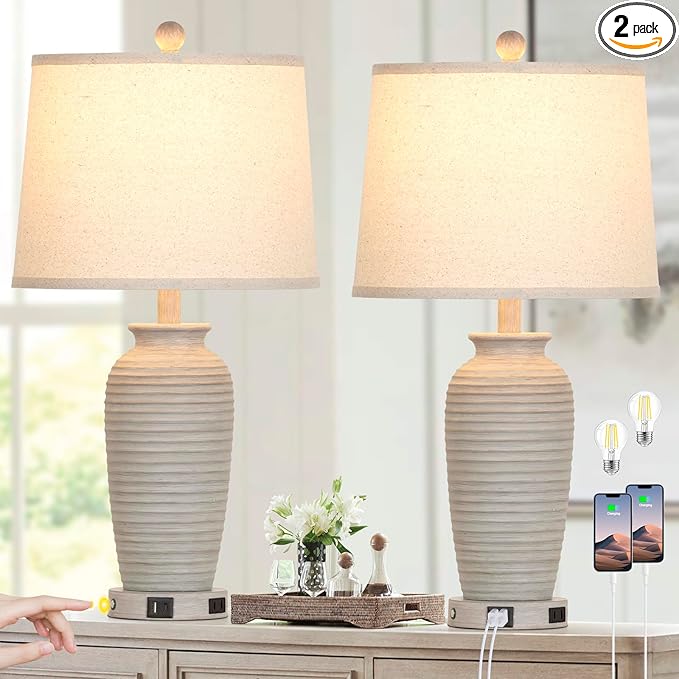 25" Farmhouse Jar Table Lamps Set of 2, 3 Way Touch Control Rustic Bedside Lamps with USB A+C Ports & AC Outlet, Pot Nightstand Lamps for Bedroom Living Room (LED Bulbs Included)