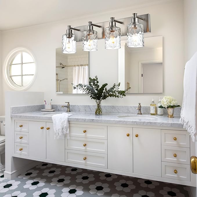 BONLICHT 4-Light Bathroom Vanity Light Fixture Brushed Nickel Industrial Wall Sconce Lighting with Hammered Glass Shade for Living Room Bedroom Hallway Porch Workshop Dressing Table