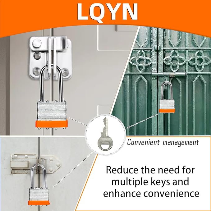 Padlocks with Same Key, LQYN 24 Pcs Laminated Keyed Padlock (1-9/16", 40mm), Keyed Alike Locks, Long Shackle, for Storage Locker, Hasp Latch, Toolbox, Sheds