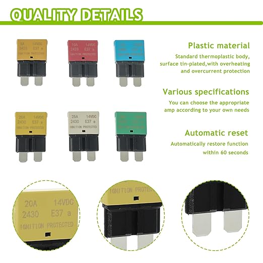 5A 10A 15A 20A 25A 30A DC 12V-14V Auto Reset Circuit Breaker ATC/ATO Low Profile T1 Mini Blade Fuses Breakers for Car Trucks Marine Boat RV Solar and More,2 Pack