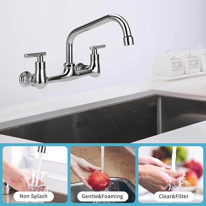 8" Center Wall Mount Faucet, Commercial Kitchen Sink Faucet with 8" Swivel Spout 2 Handle Wall Mount Utility Sink Faucet for Restaurant & Laundry Room & Compartment Sink