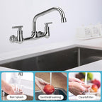 8" Center Wall Mount Faucet, Commercial Kitchen Sink Faucet with 8" Swivel Spout 2 Handle Wall Mount Utility Sink Faucet for Restaurant & Laundry Room & Compartment Sink