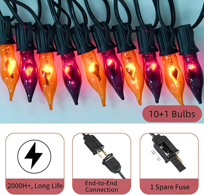Orange and Purple Halloween Lights - Flickering Flame String Lights, 12.8Ft Indoor Outdoor Halloween Lights C7 Retro Flame String Lights, Ideal for Fall Halloweens Decorations for Home Party
